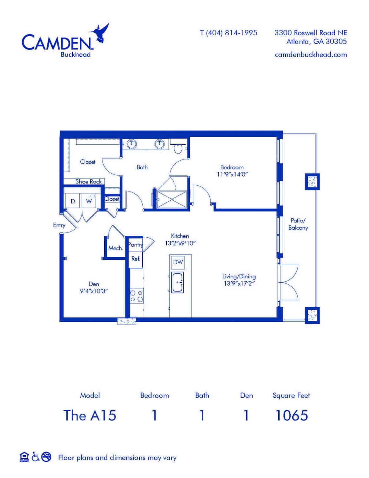 Floorplan diagram for The A15, showing 1 bedroom
