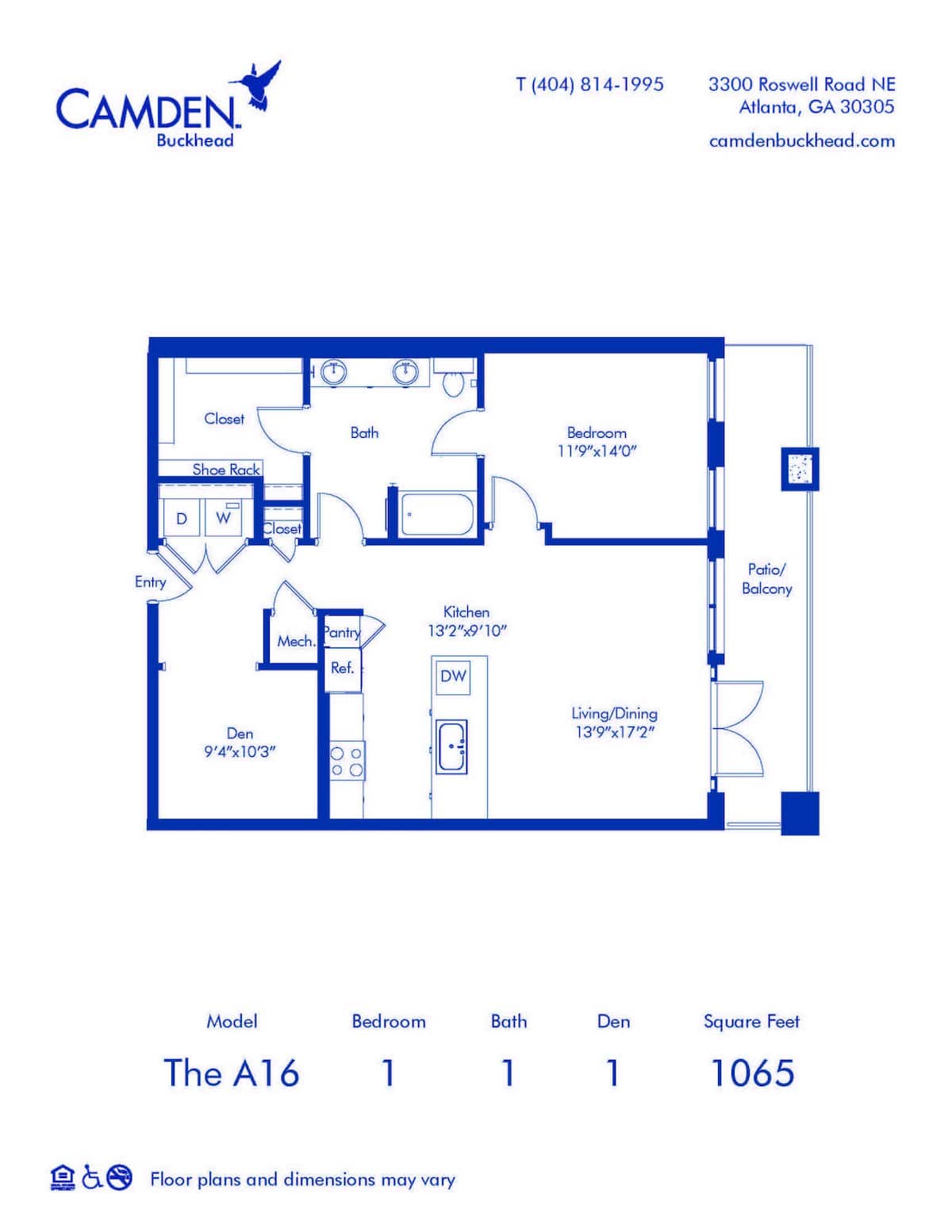 Floorplan diagram for The A16, showing 1 bedroom
