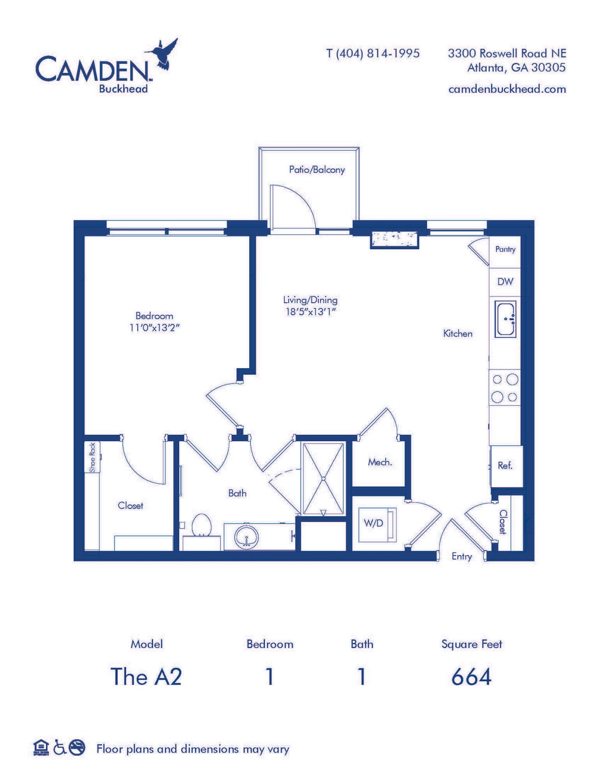 Floorplan diagram for The A2, showing 1 bedroom