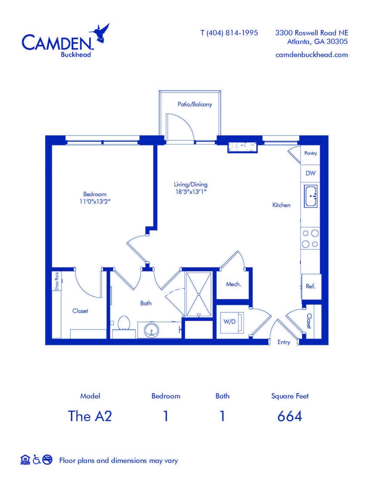 Floorplan diagram for The A2, showing 1 bedroom