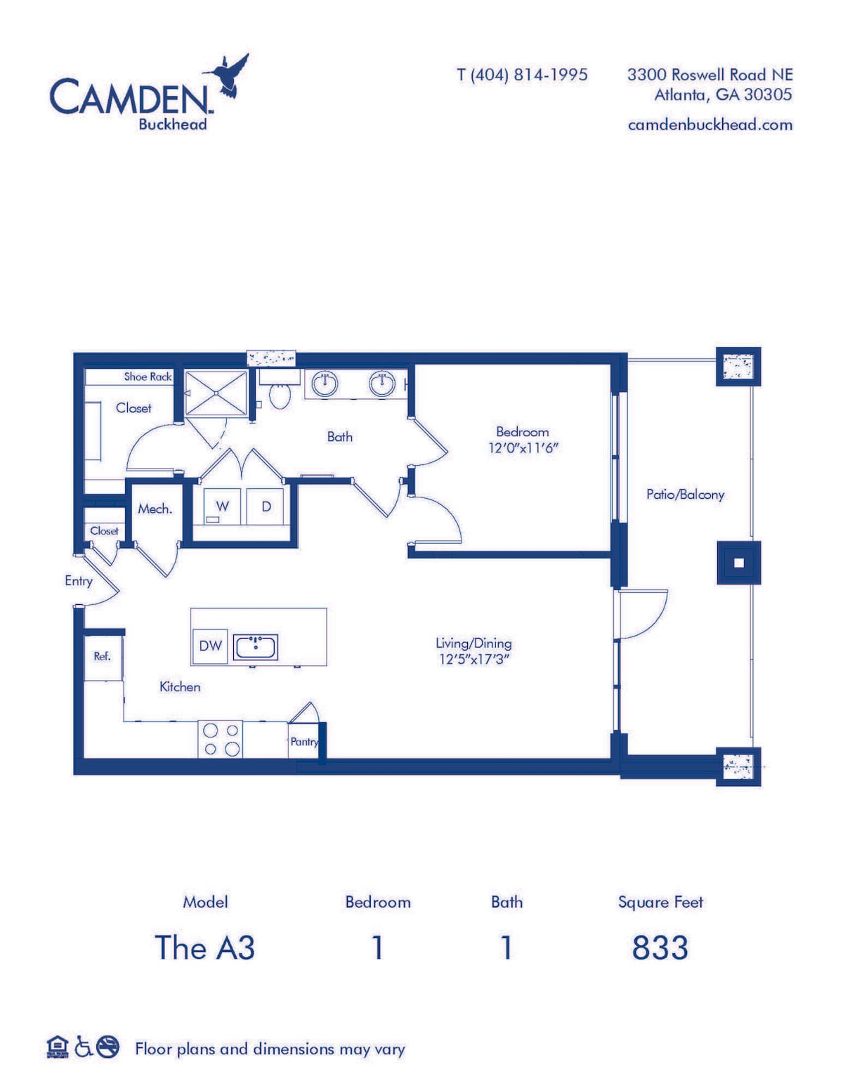 Floorplan diagram for The A3, showing 1 bedroom