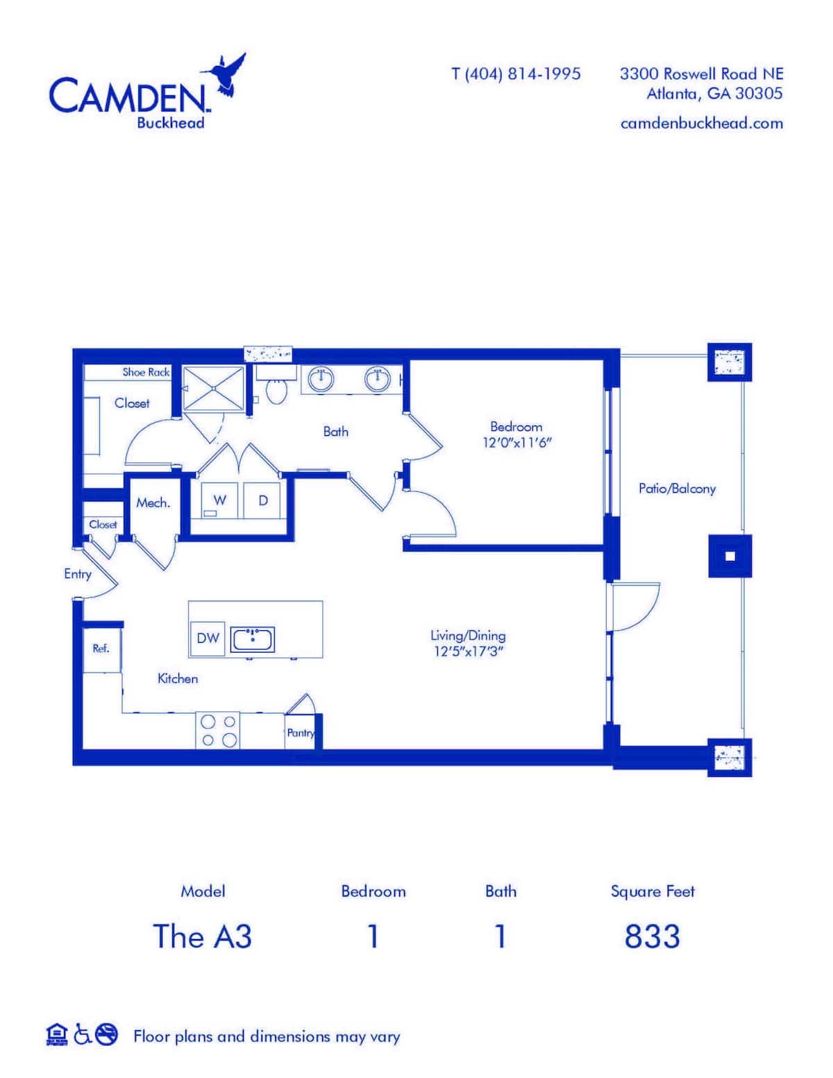 Floorplan diagram for The A3, showing 1 bedroom