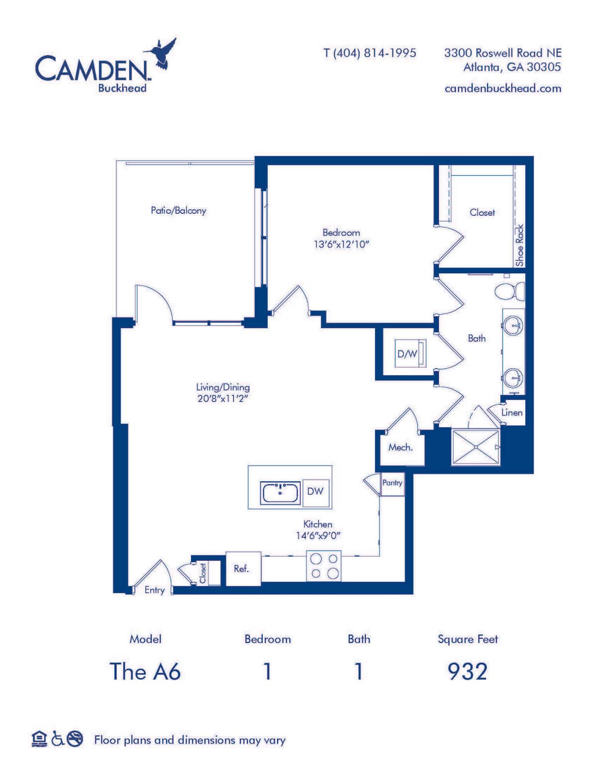 Floorplan diagram for The A6, showing 1 bedroom