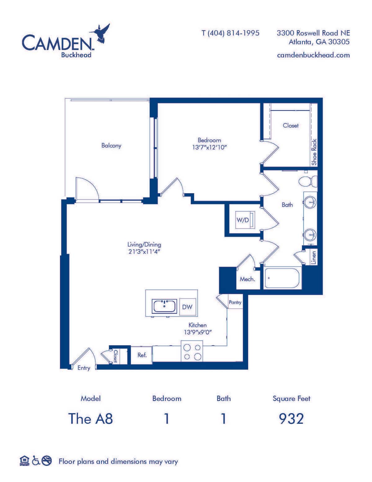 Floorplan diagram for The A8, showing 1 bedroom