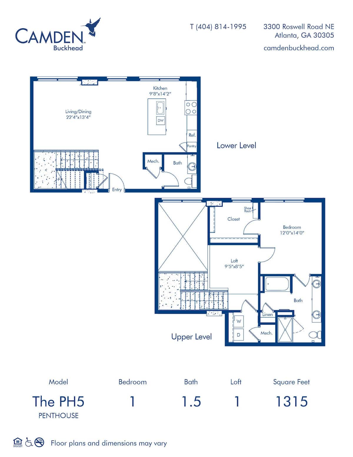 Floorplan diagram for The PH5, showing 1 bedroom