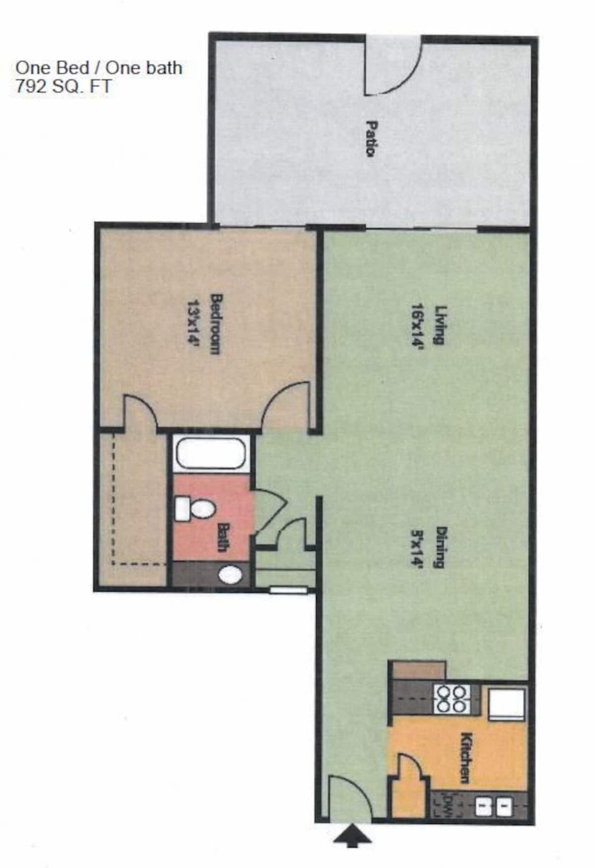 Floorplan diagram for 1x1b, showing 1 bedroom