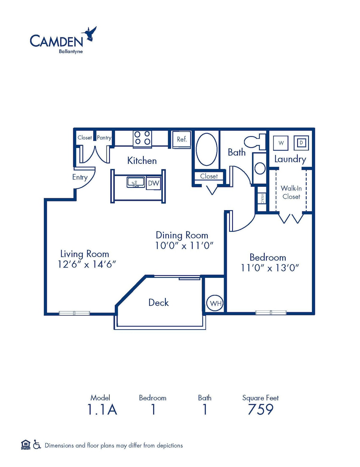 Floorplan diagram for 1.1A, showing 1 bedroom