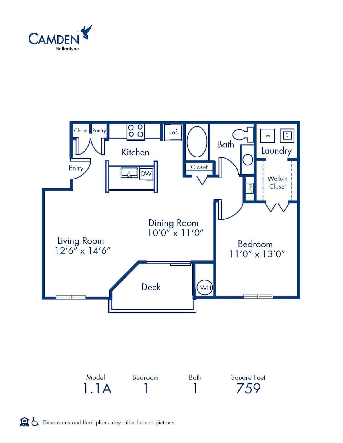 Floorplan diagram for 1.1A, showing 1 bedroom