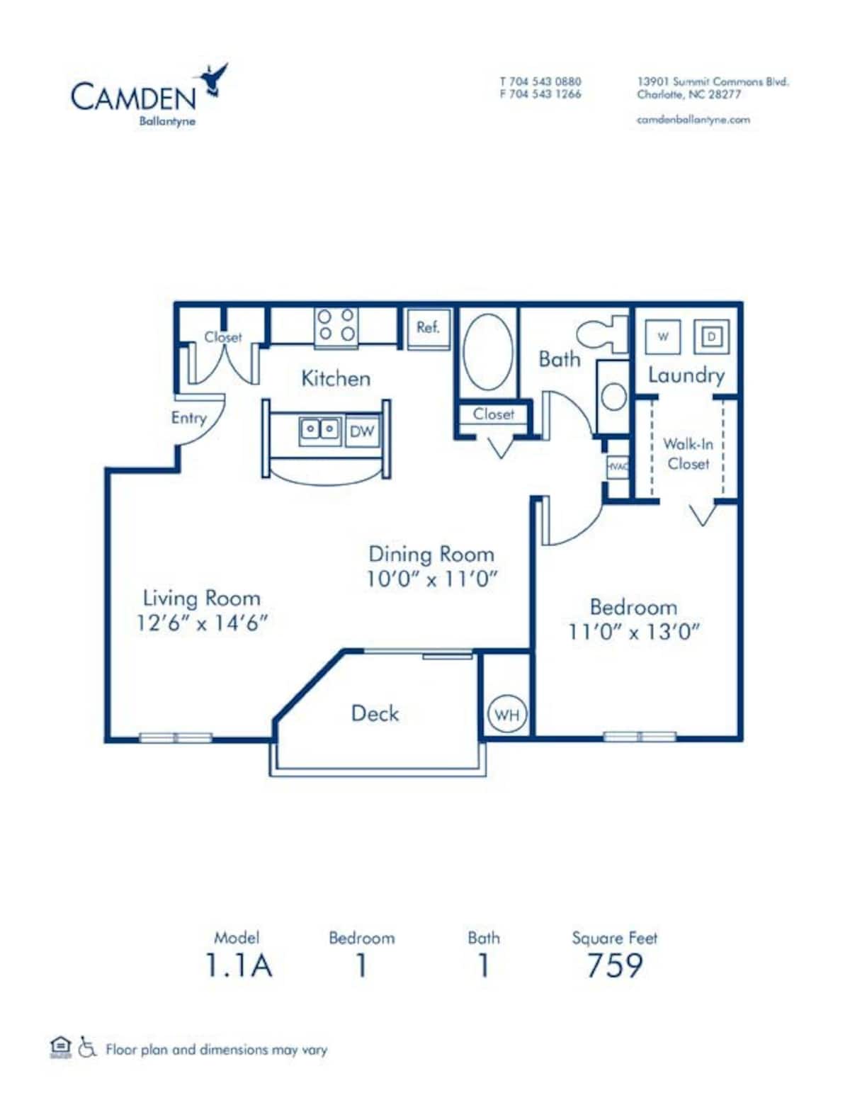 Floorplan diagram for 1.1A, showing 1 bedroom