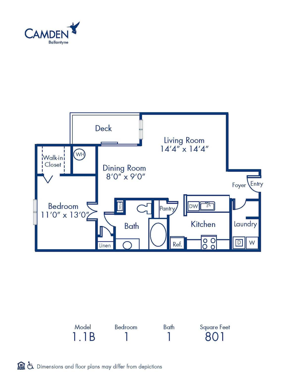 Floorplan diagram for 1.1B, showing 1 bedroom
