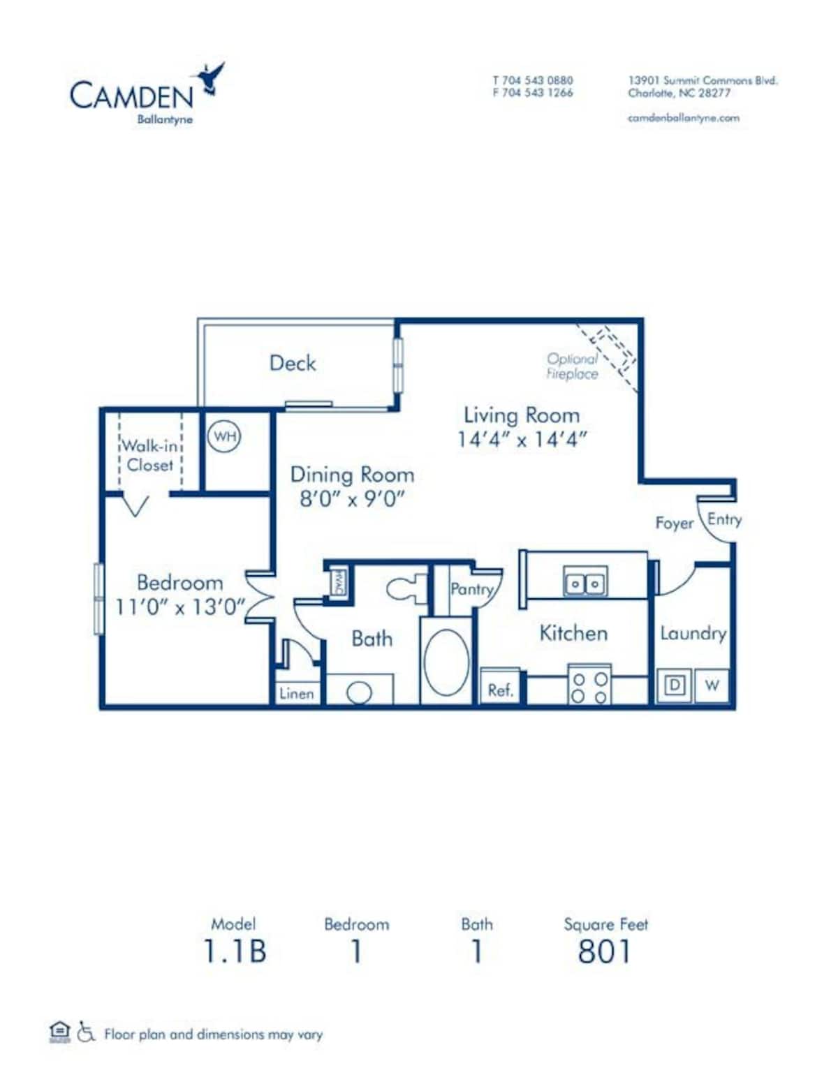 Floorplan diagram for 1.1B, showing 1 bedroom
