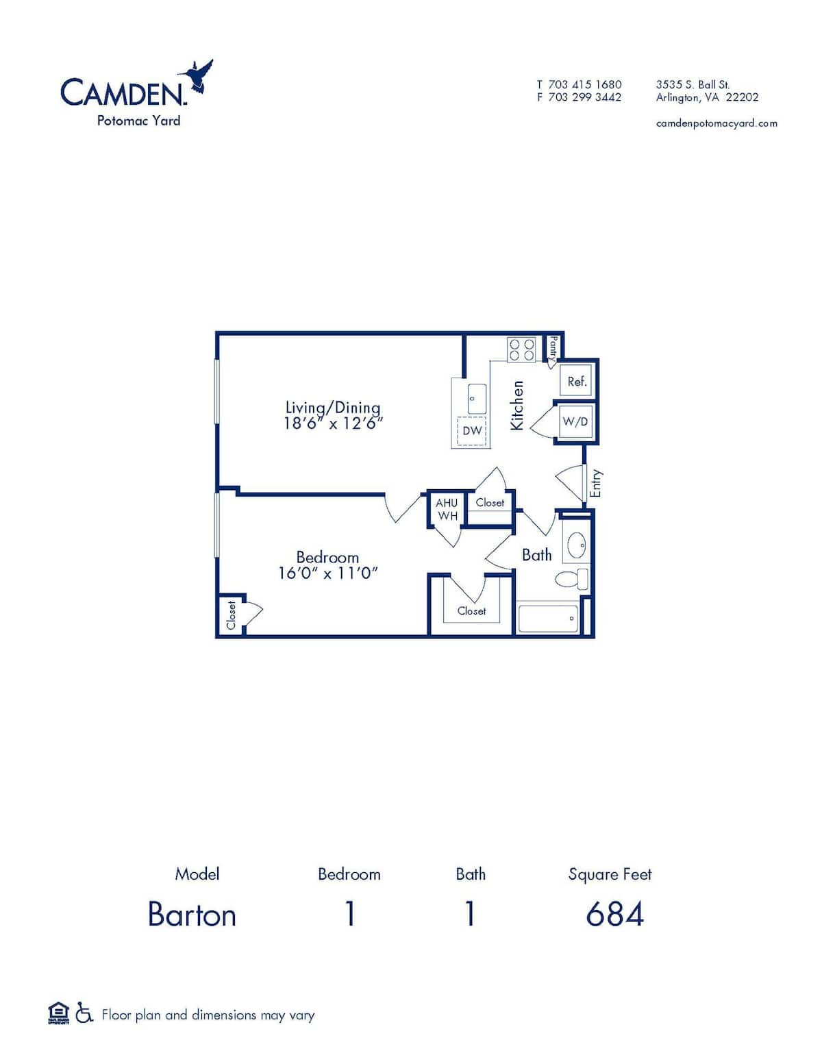 Floorplan diagram for Barton, showing 1 bedroom
