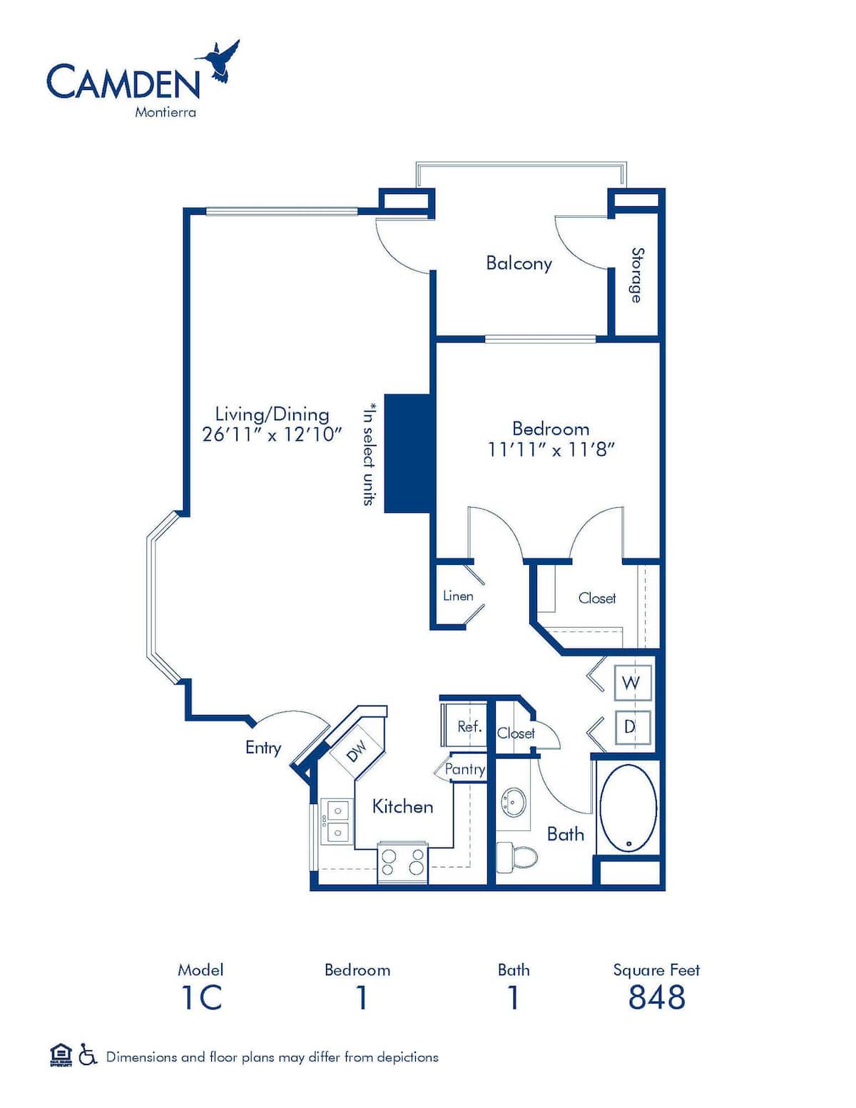 Floorplan diagram for 1C, showing 1 bedroom