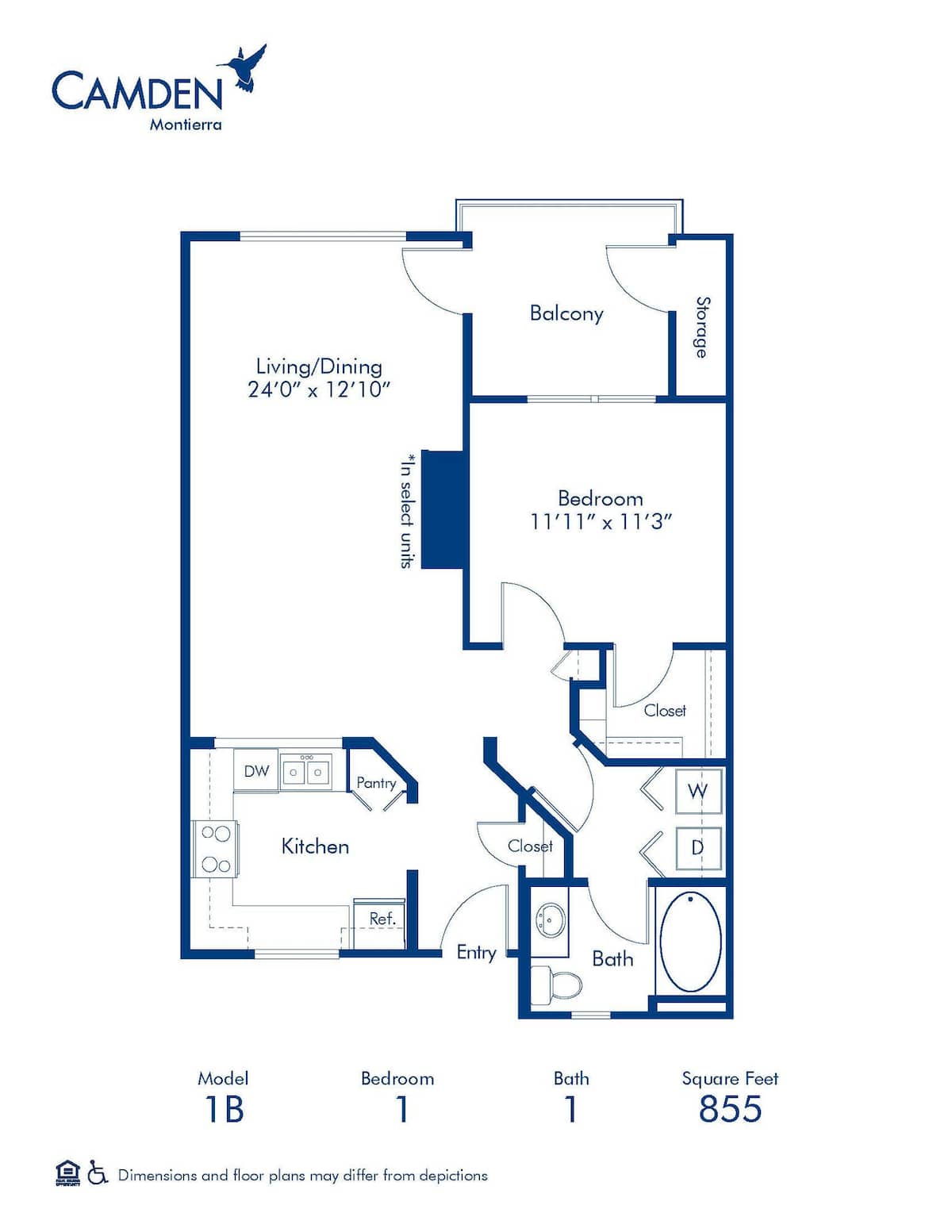 Floorplan diagram for 1B, showing 1 bedroom