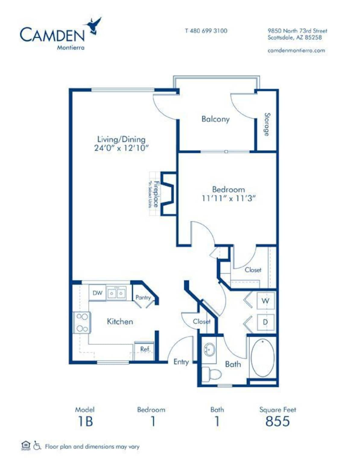 Floorplan diagram for 1B, showing 1 bedroom