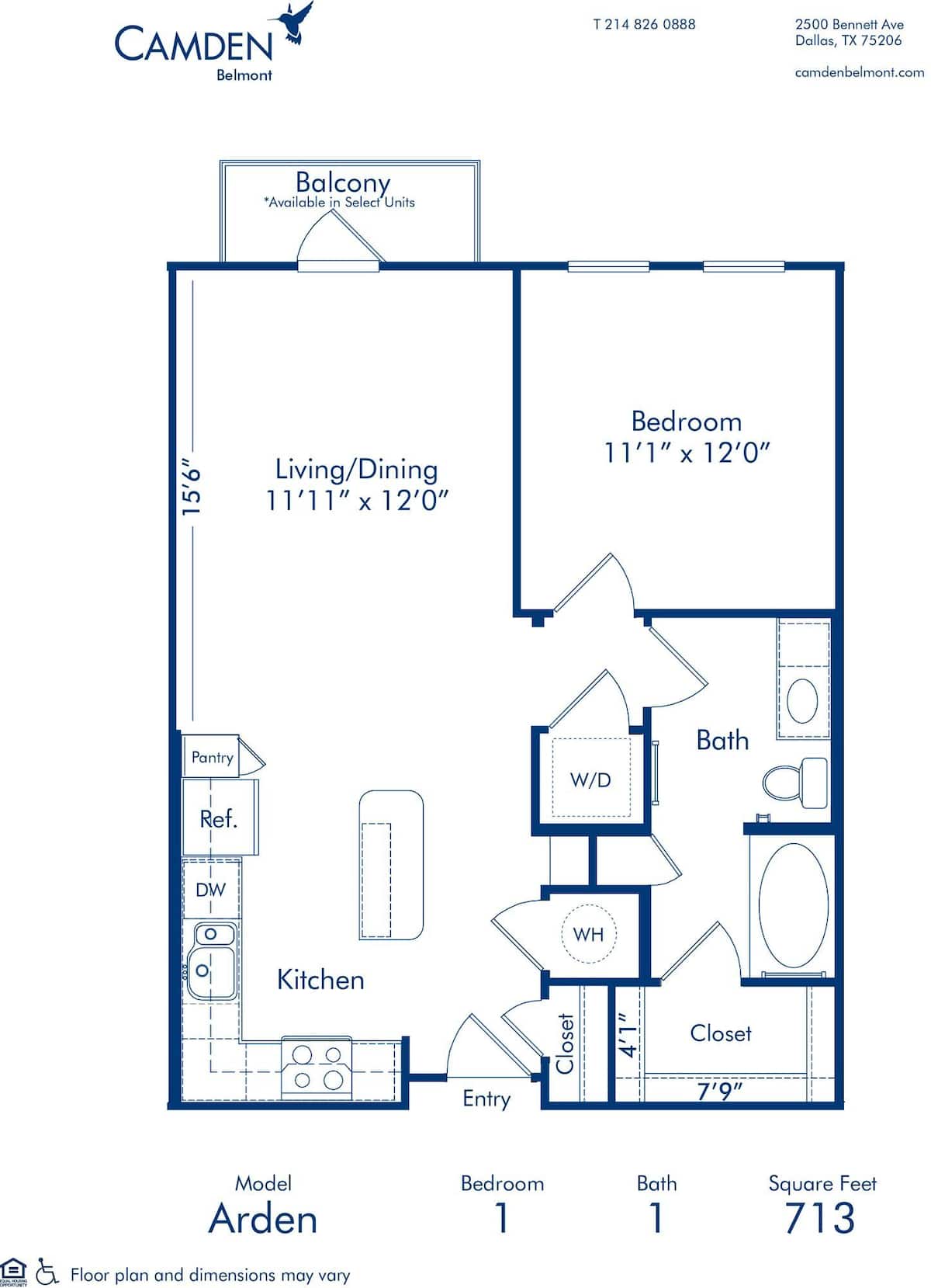 Floorplan diagram for Arden 1, showing 1 bedroom