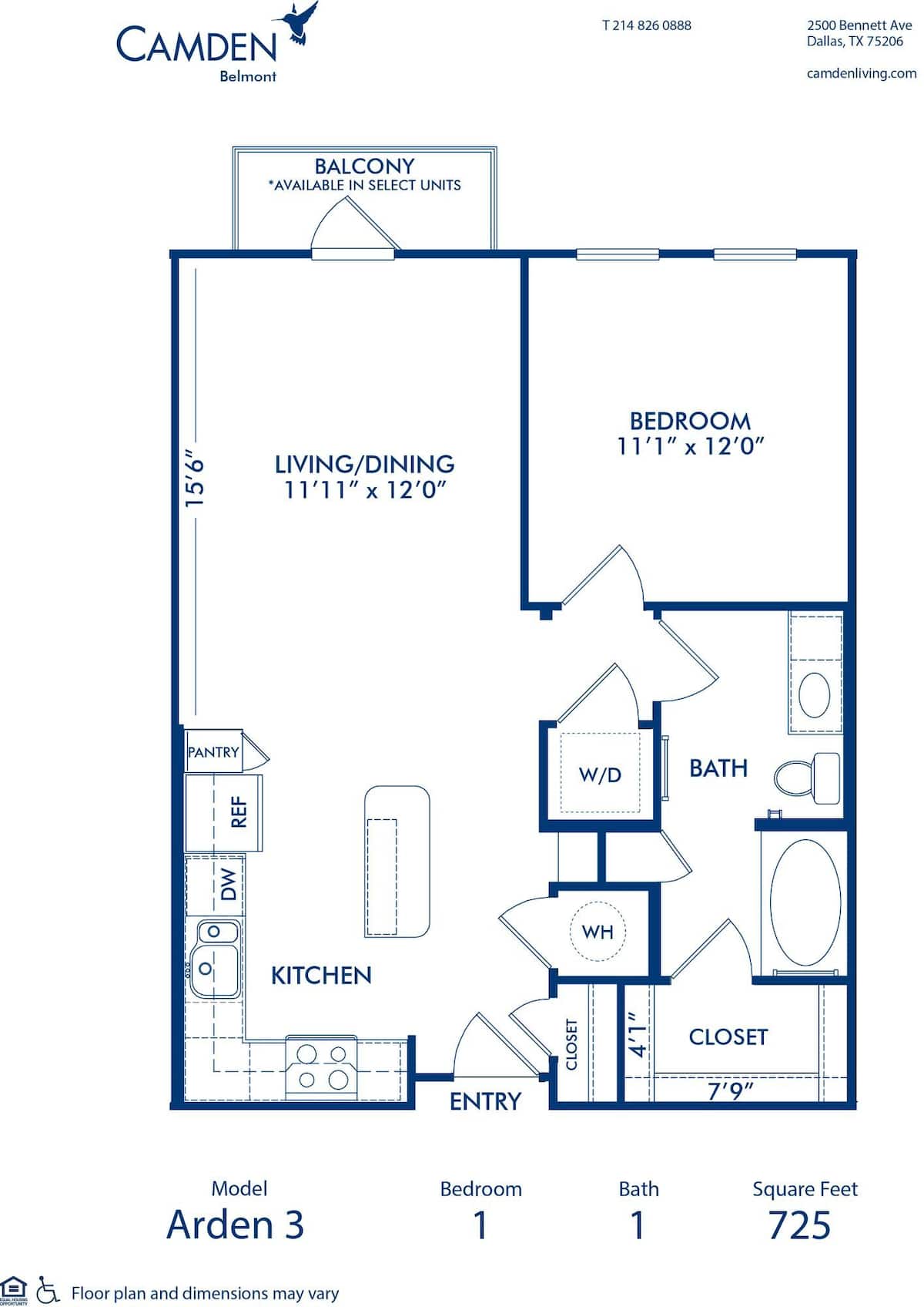 Floorplan diagram for Arden 3, showing 1 bedroom