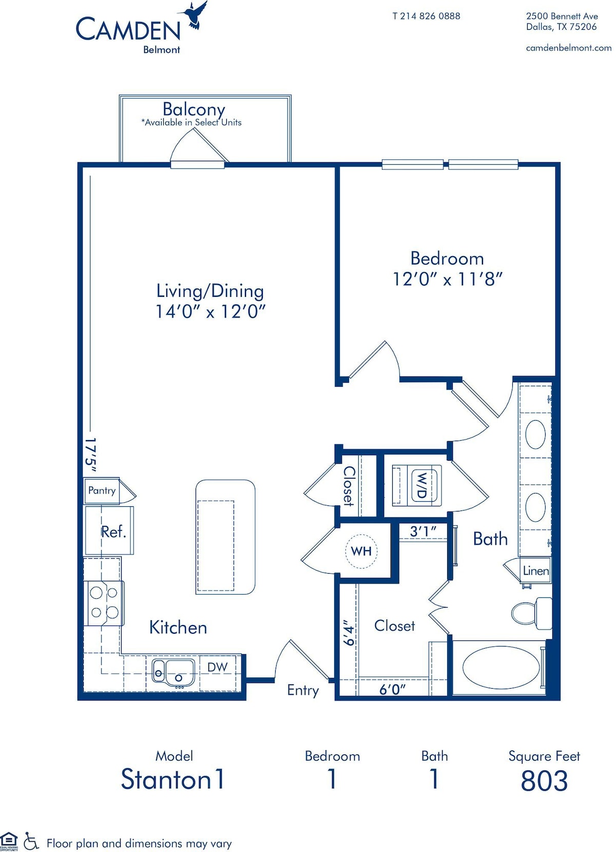Floorplan diagram for Stanton 1, showing 1 bedroom