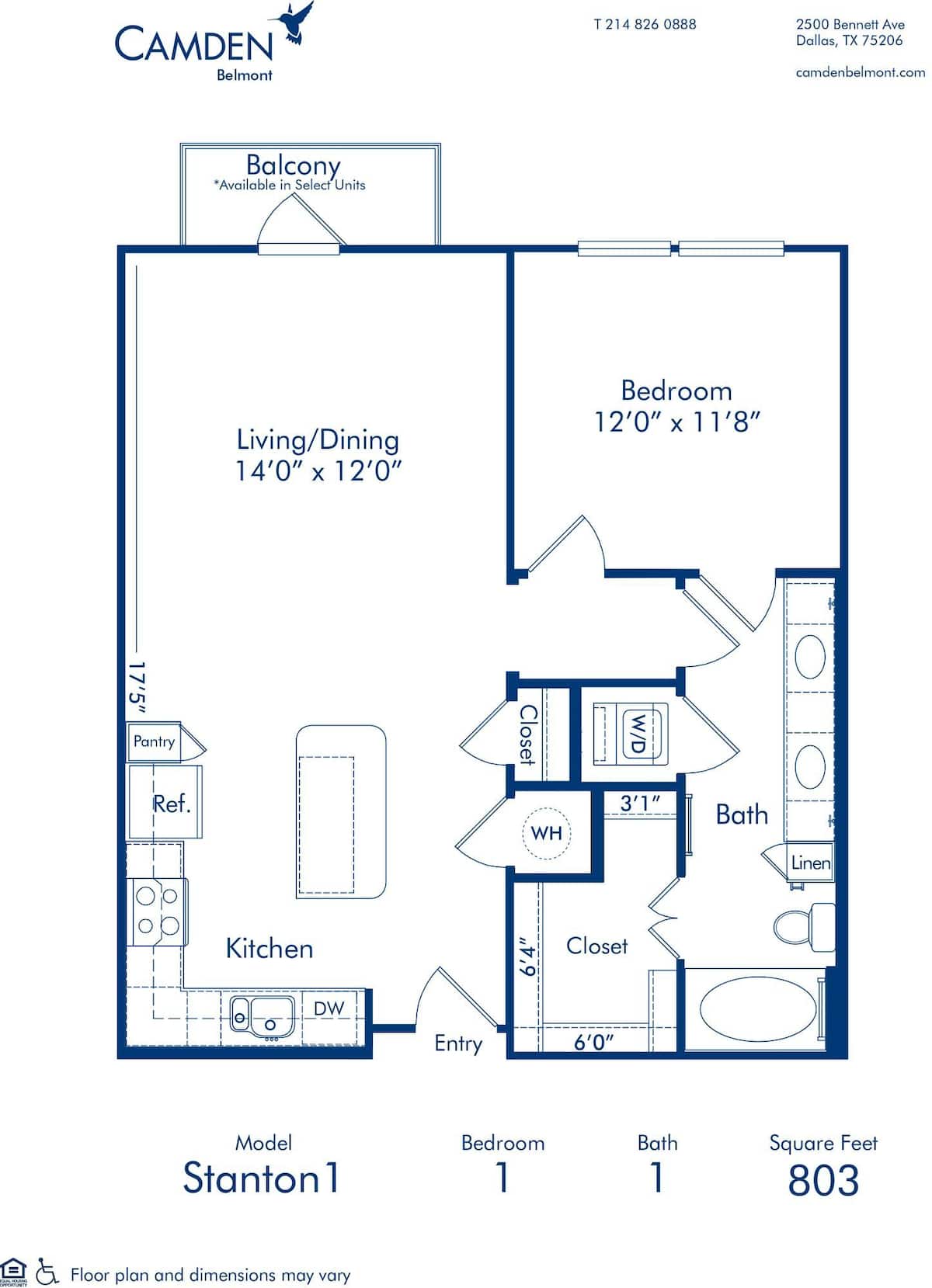 Floorplan diagram for Stanton 1, showing 1 bedroom