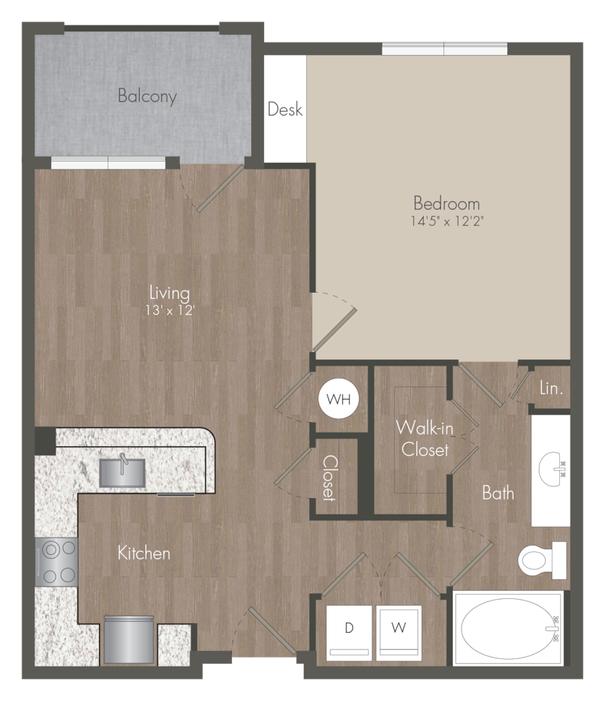 Floorplan diagram for A2 - 1x1, showing 1 bedroom