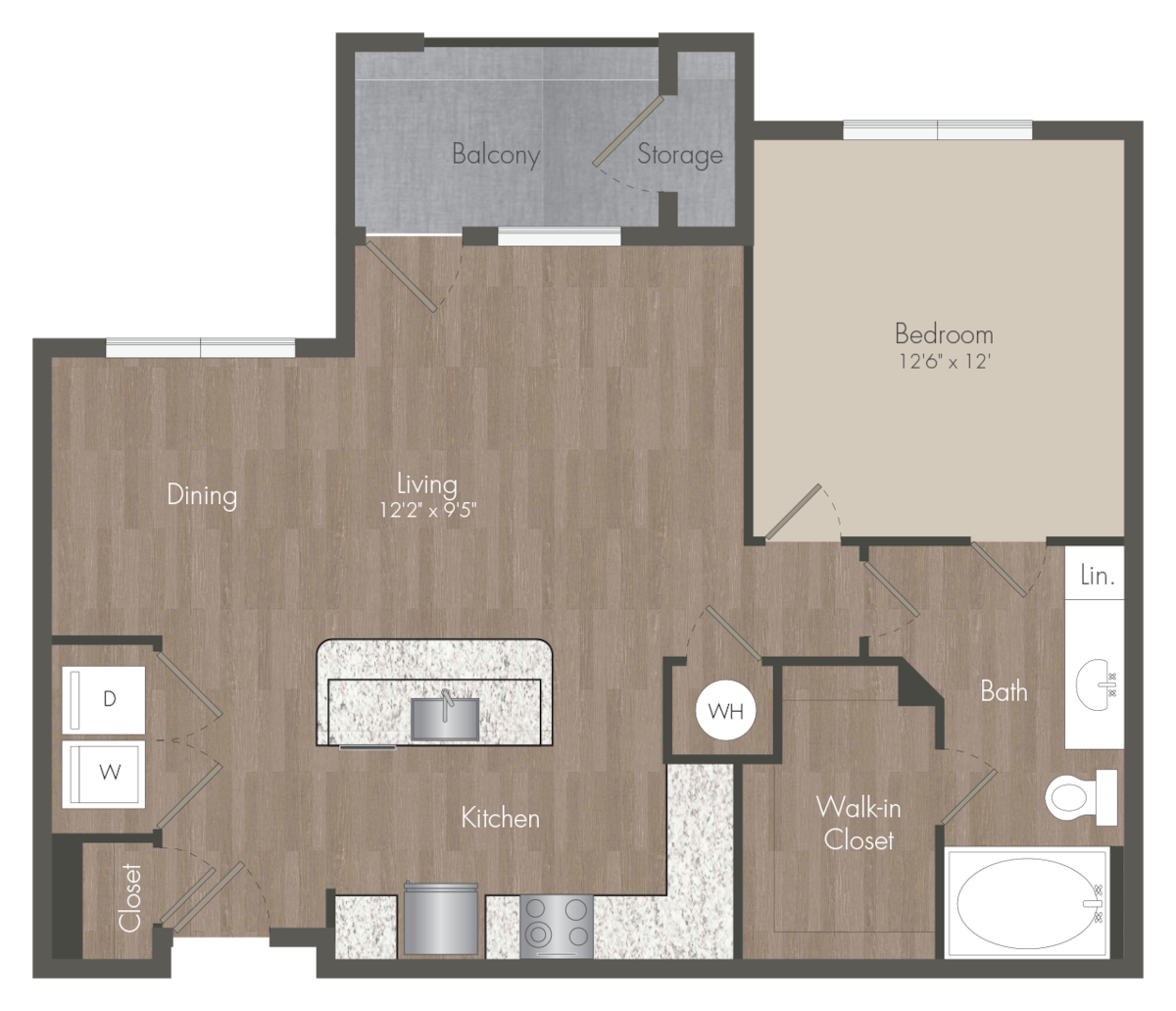 Floorplan diagram for A3 - 1x1, showing 1 bedroom