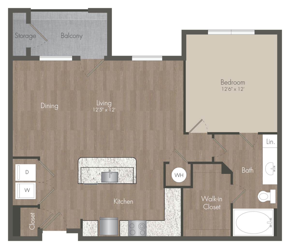 Floorplan diagram for A5 - 1x1, showing 1 bedroom