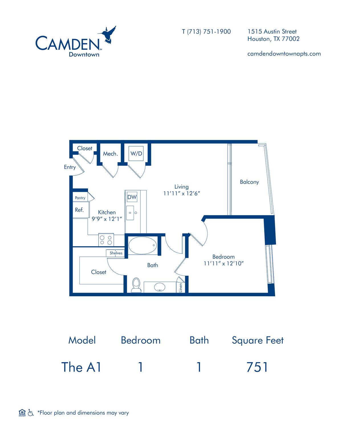 Floorplan diagram for The A1, showing 1 bedroom