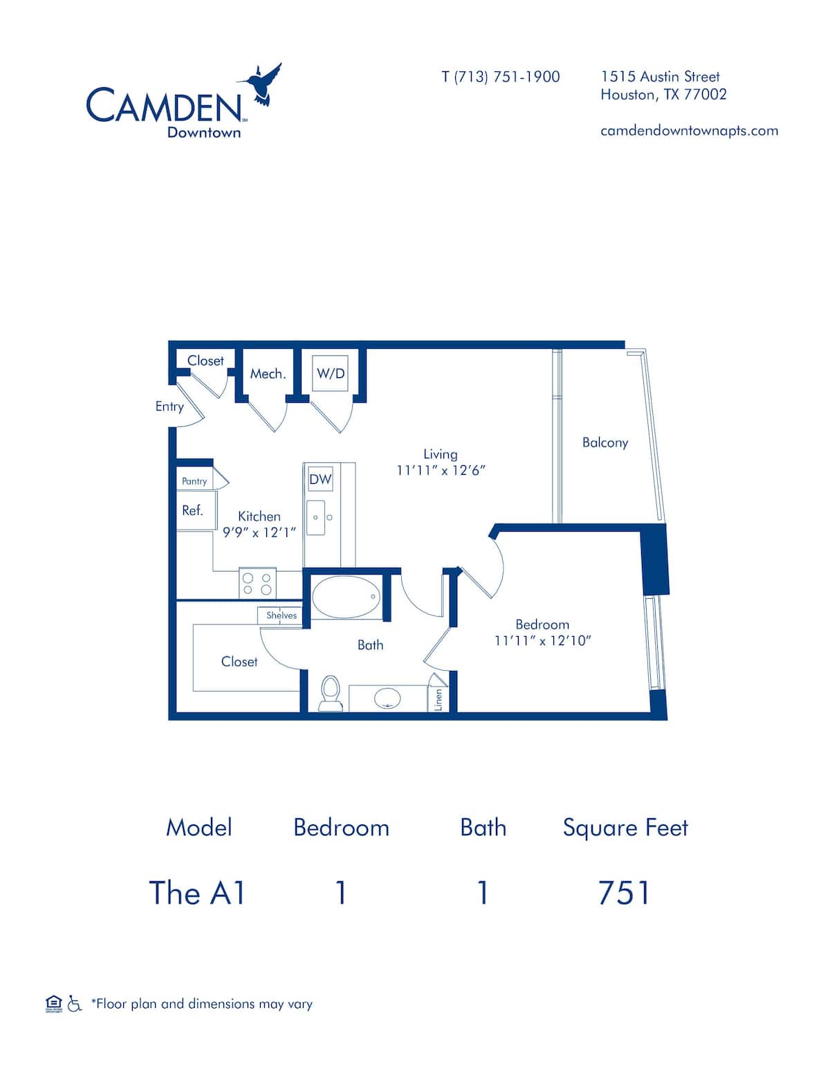 Floorplan diagram for The A1, showing 1 bedroom
