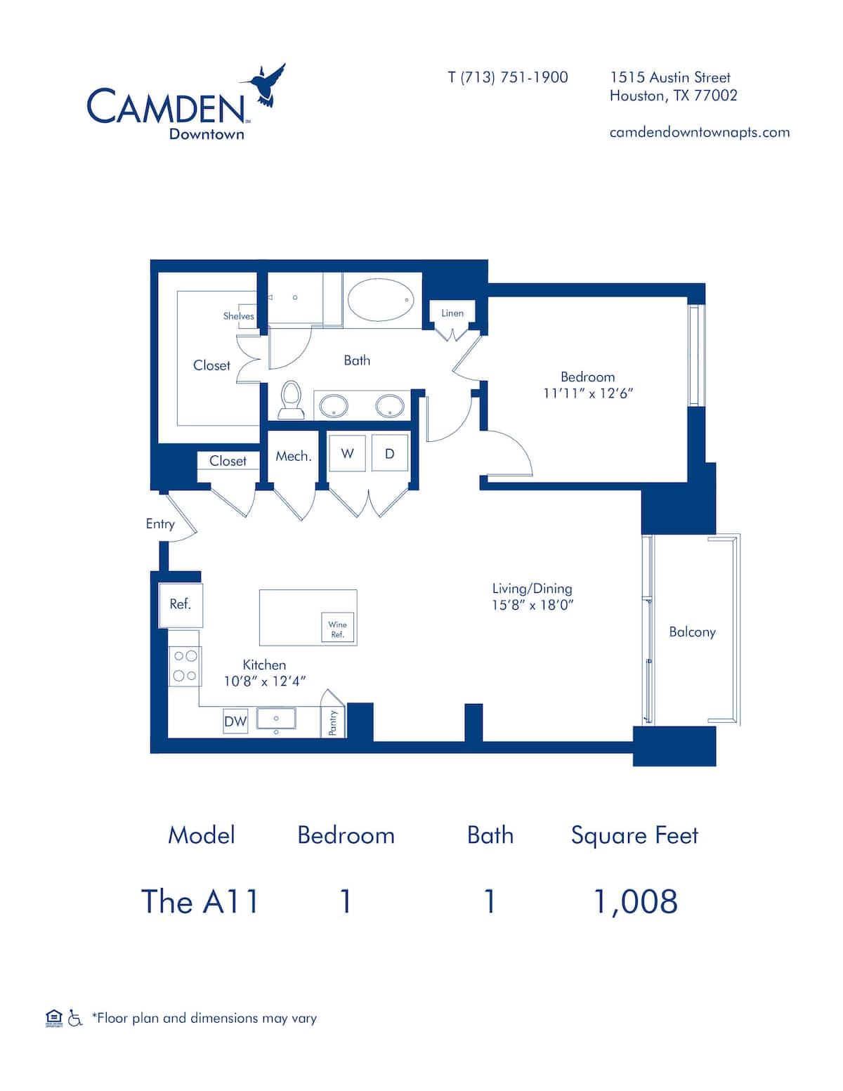 Floorplan diagram for The A11, showing 1 bedroom