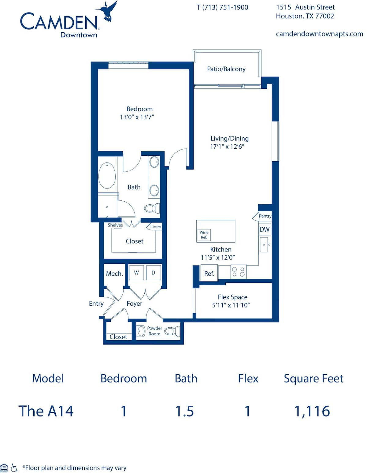 Floorplan diagram for The A14, showing 1 bedroom