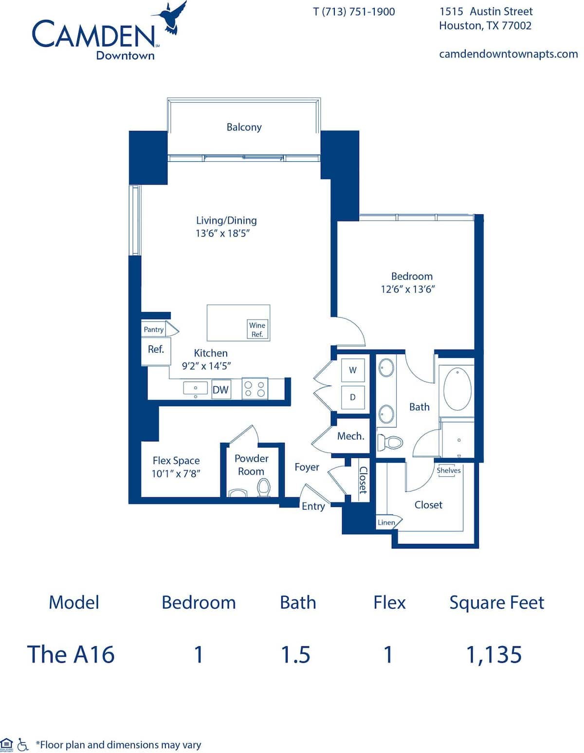 Floorplan diagram for The A16, showing 1 bedroom