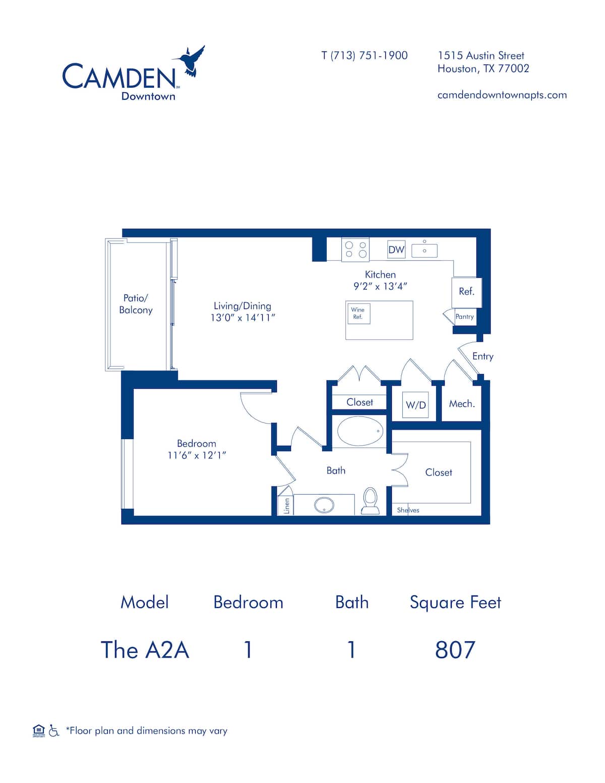 Floorplan diagram for The A2A, showing 1 bedroom