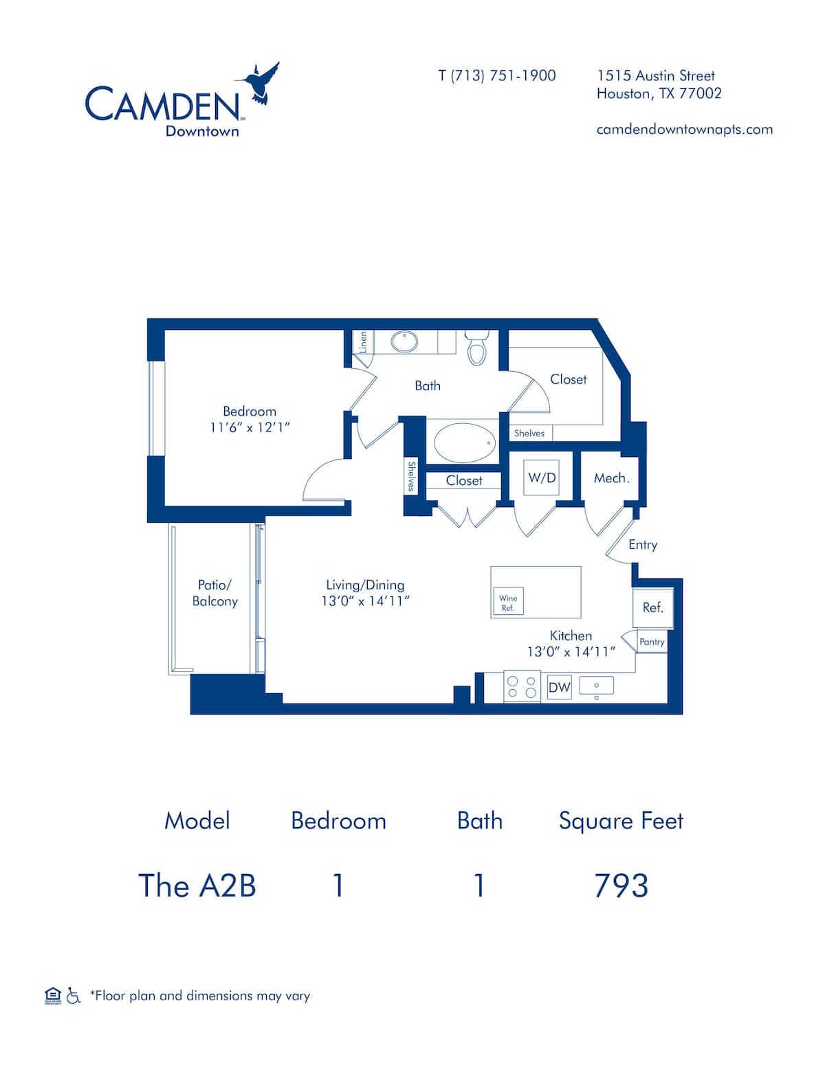 Floorplan diagram for The A2B, showing 1 bedroom