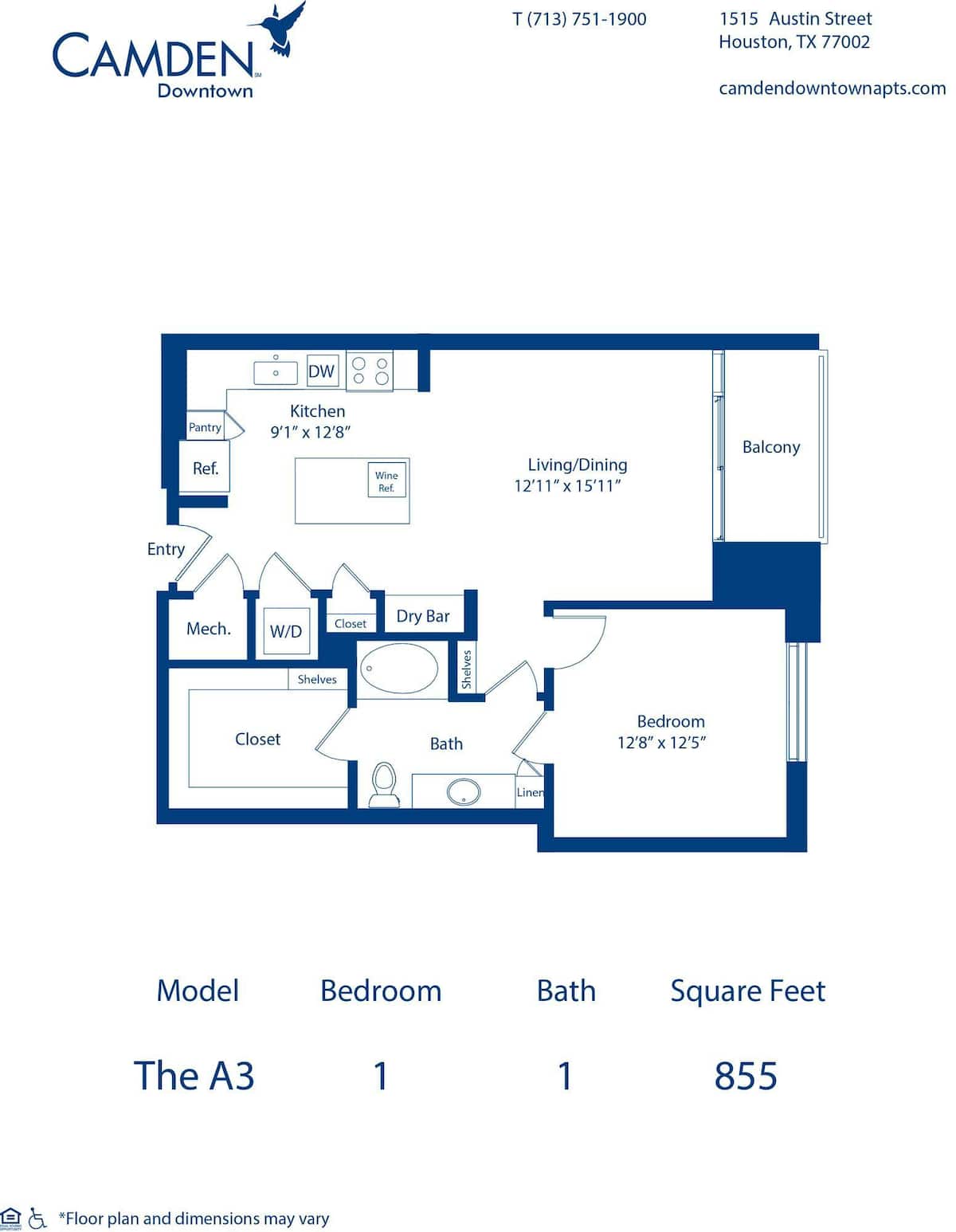 Floorplan diagram for The A3, showing 1 bedroom