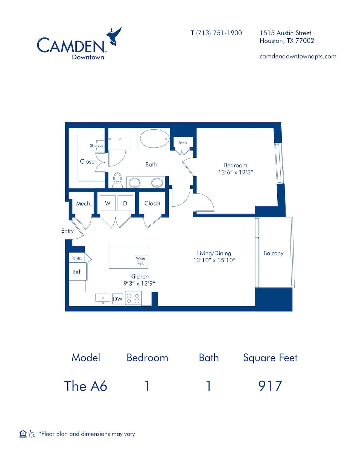 Floorplan diagram for The A6, showing 1 bedroom