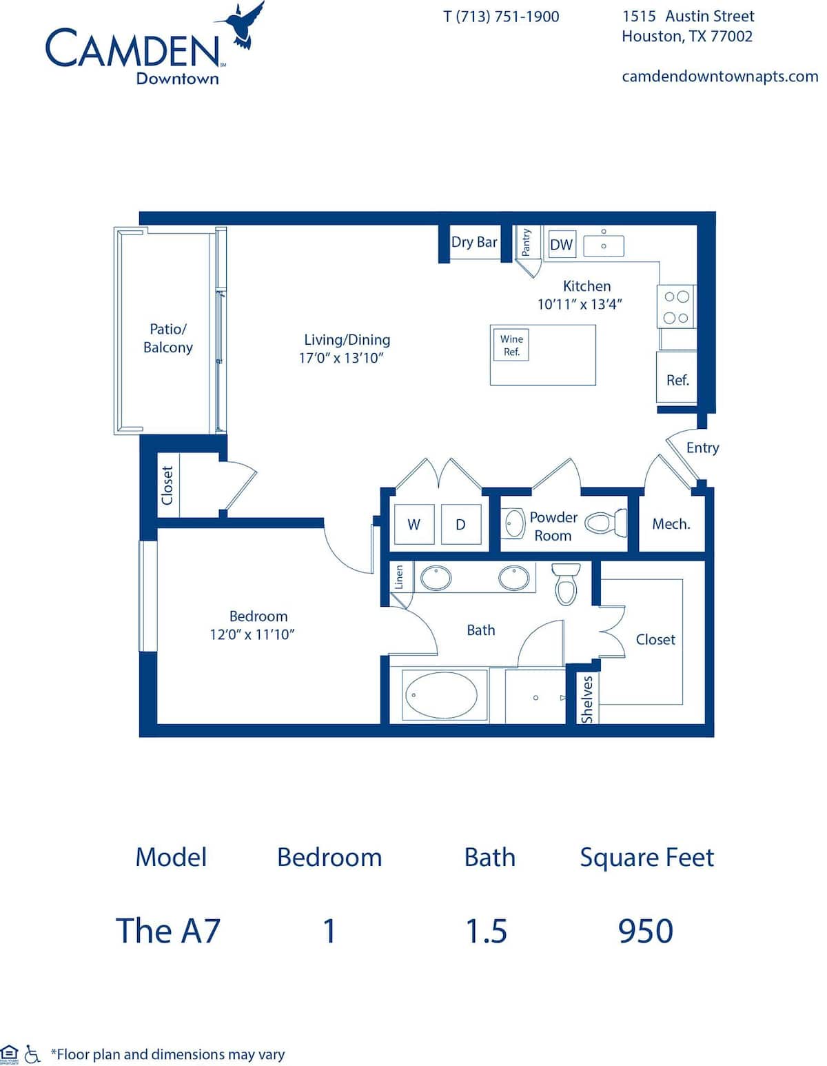 Floorplan diagram for The A7, showing 1 bedroom