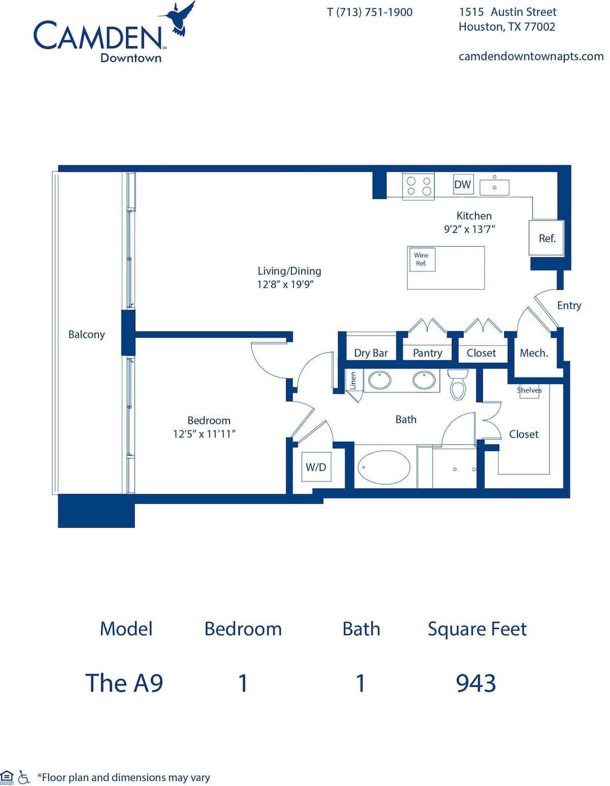 Floorplan diagram for The A9, showing 1 bedroom