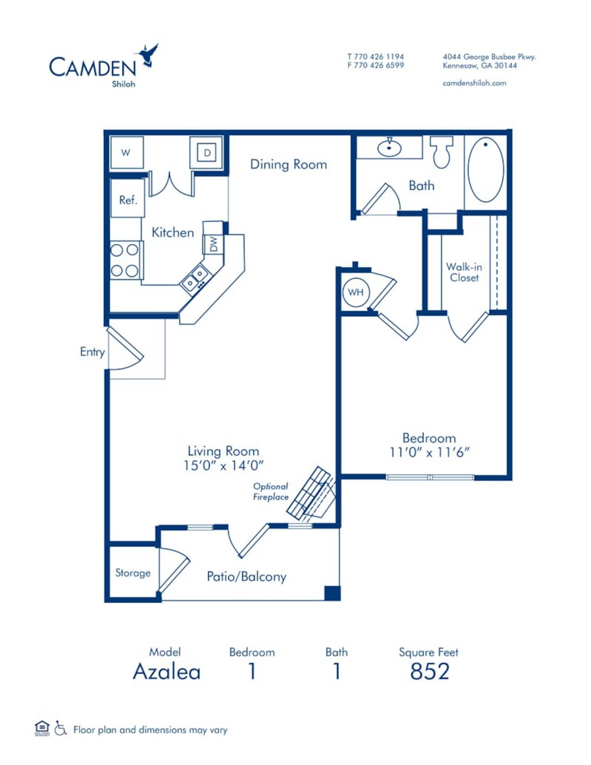Floorplan diagram for Azalea, showing 1 bedroom