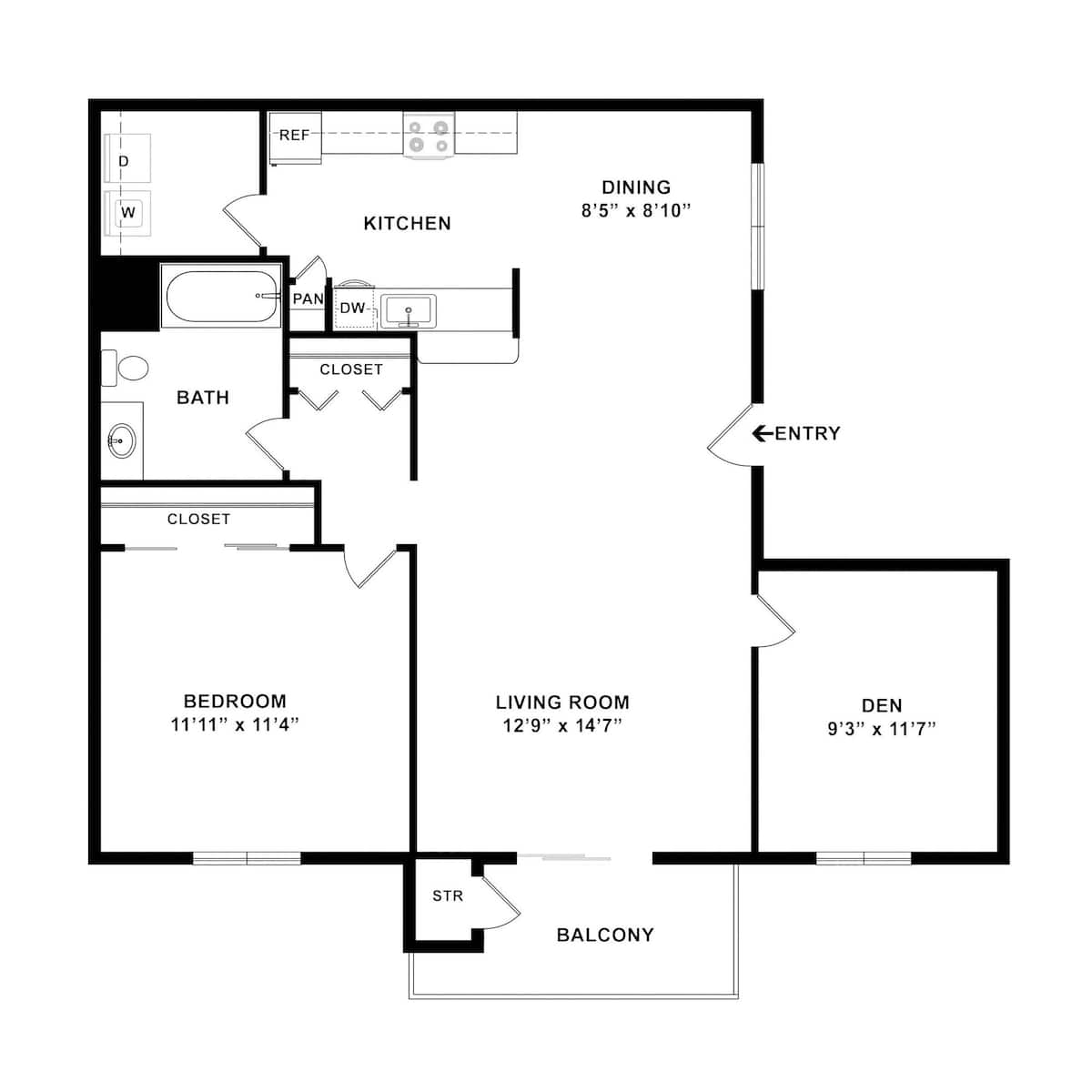 Floorplan diagram for One Bedroom + Den, showing 2 bedroom