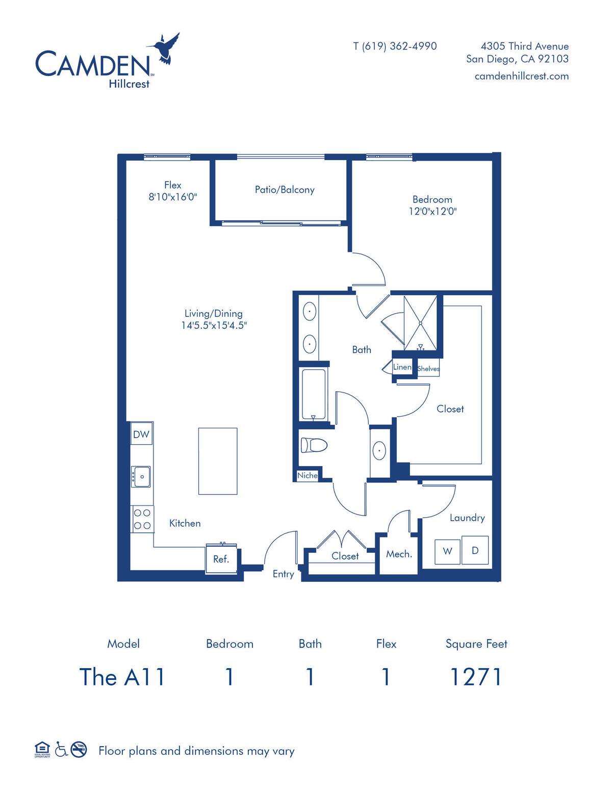Floorplan diagram for The A11, showing 1 bedroom