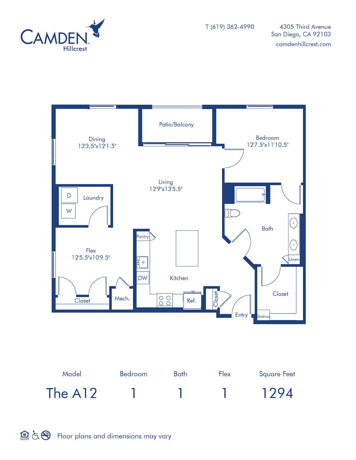 Floorplan diagram for The A12, showing 1 bedroom