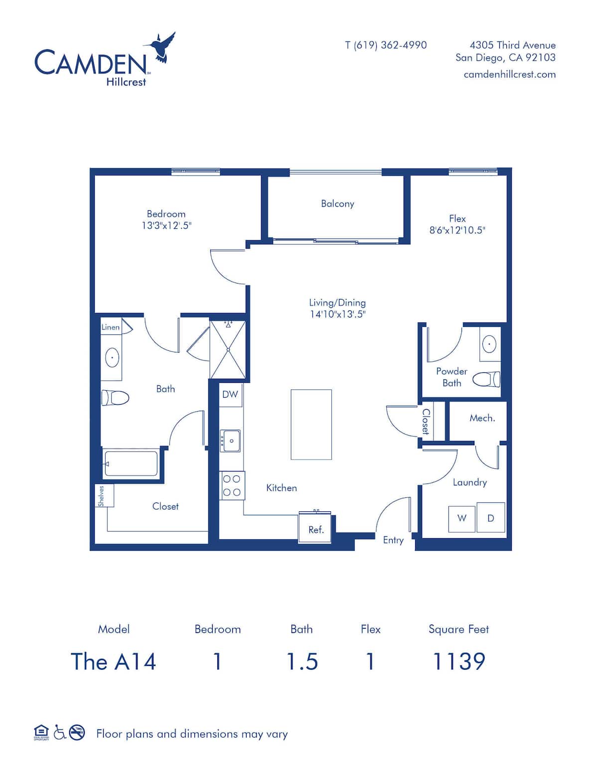 Floorplan diagram for The A14, showing 1 bedroom