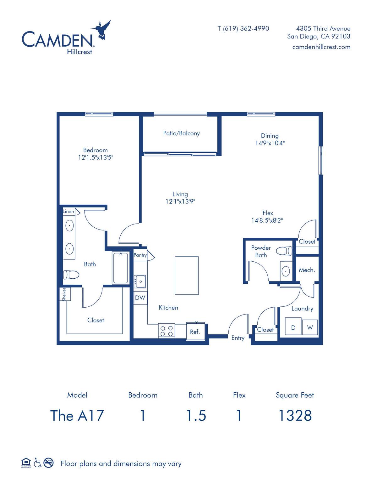 Floorplan diagram for The A17, showing 1 bedroom