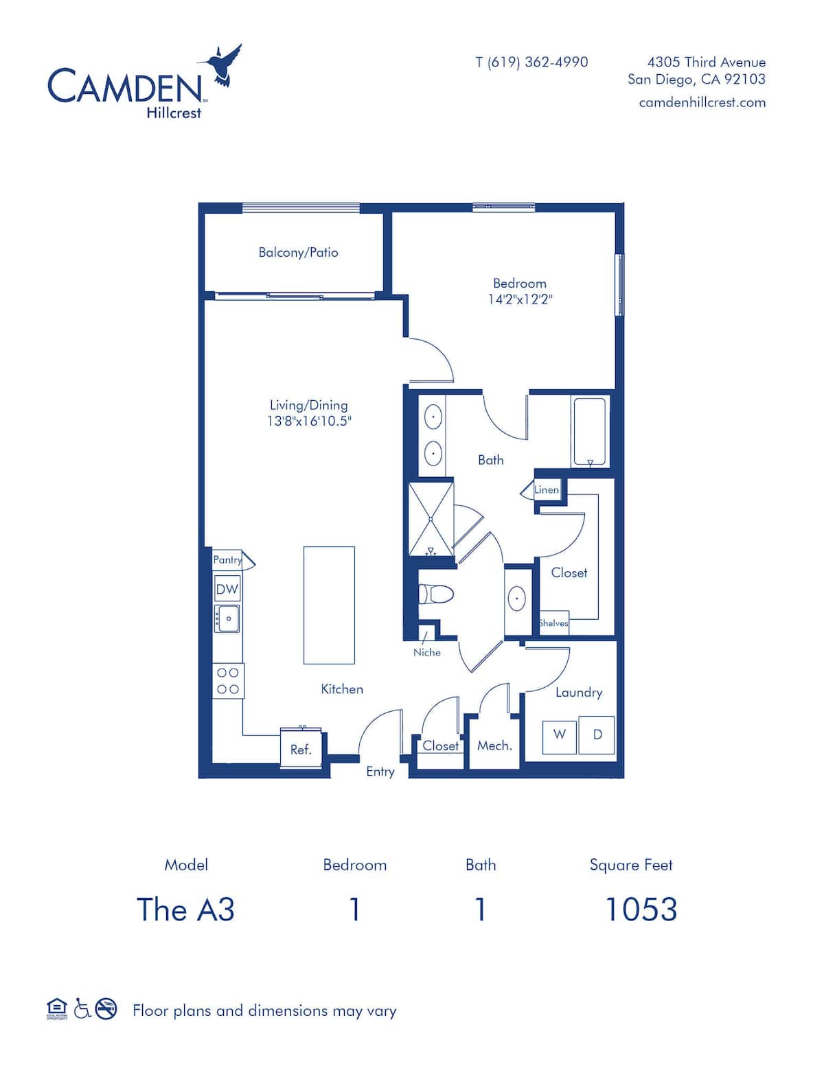 Floorplan diagram for The A3, showing 1 bedroom