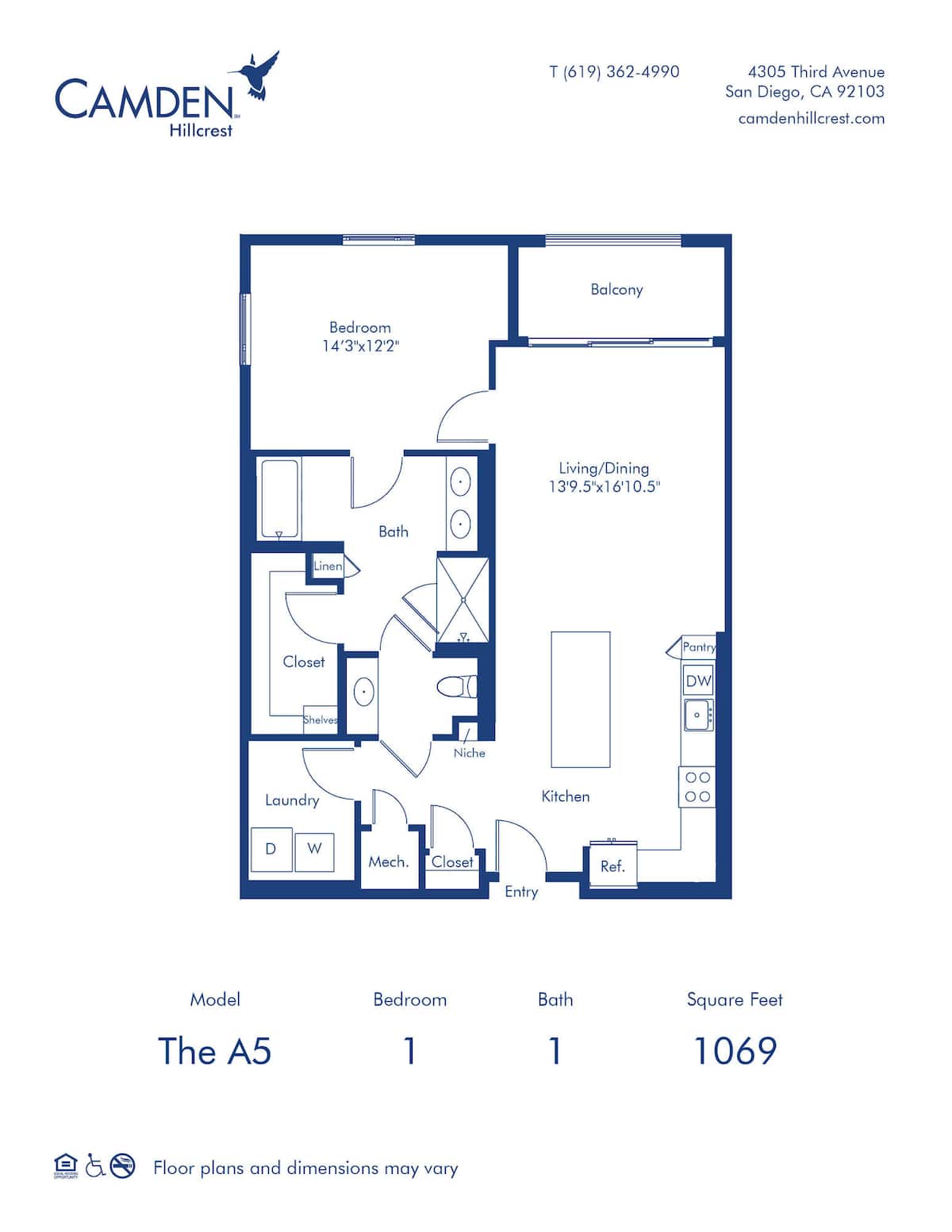 Floorplan diagram for The A5, showing 1 bedroom