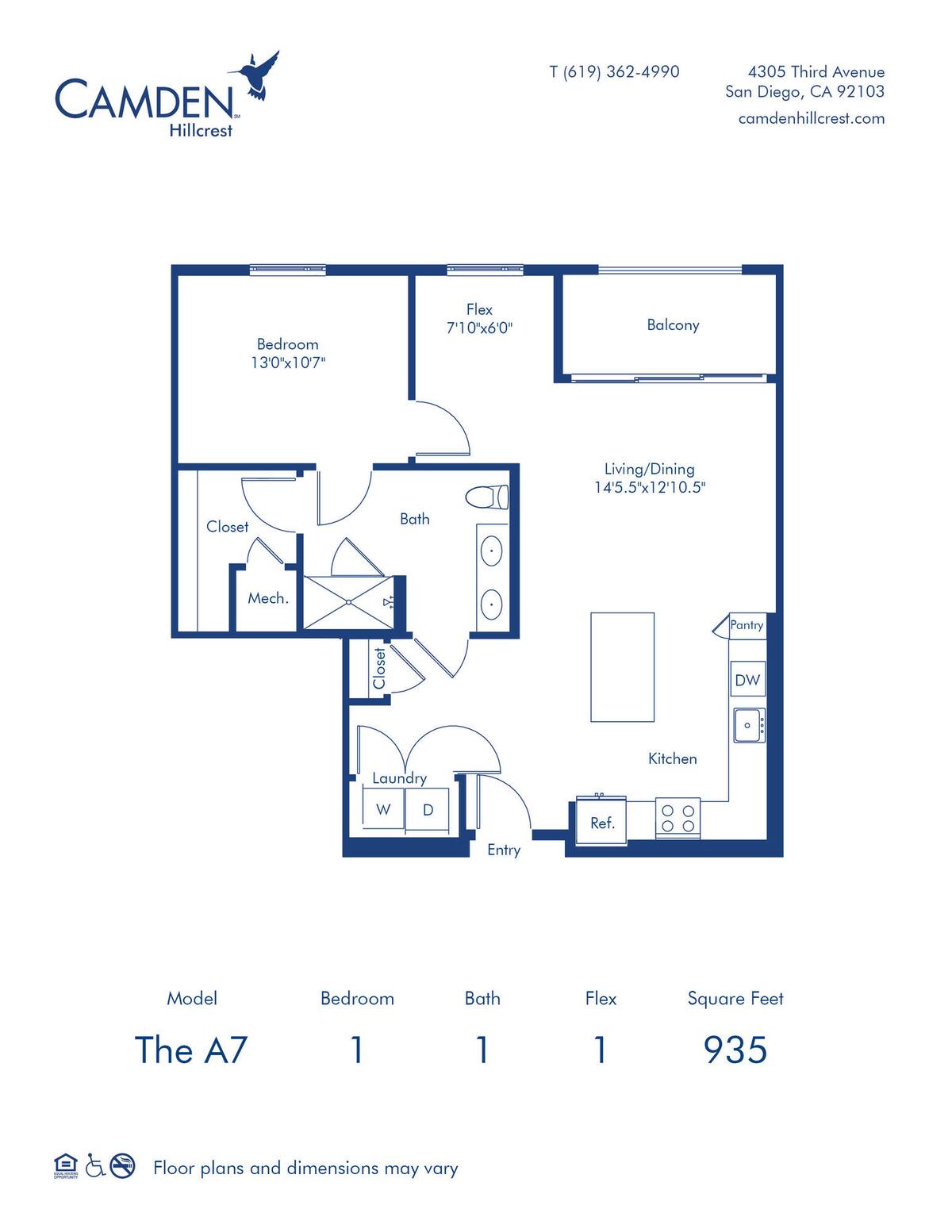 Floorplan diagram for The A7, showing 1 bedroom