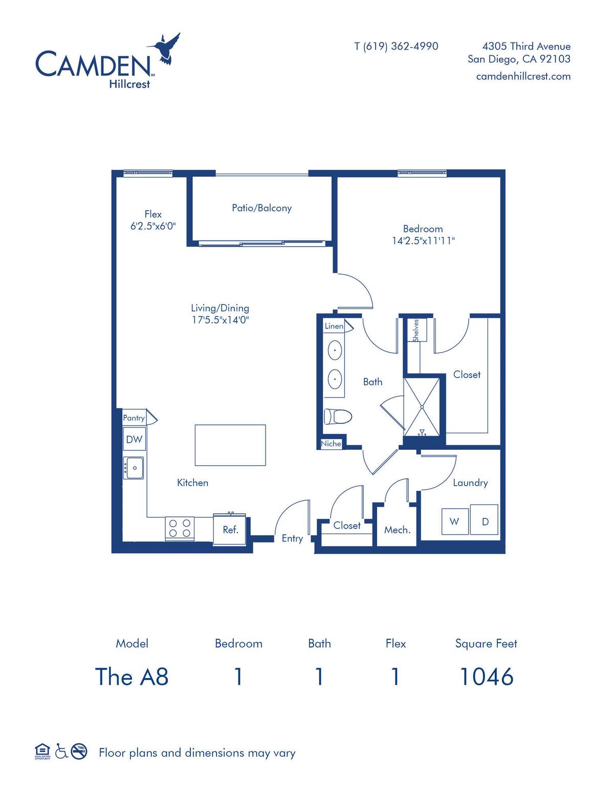 Floorplan diagram for The A8, showing 1 bedroom