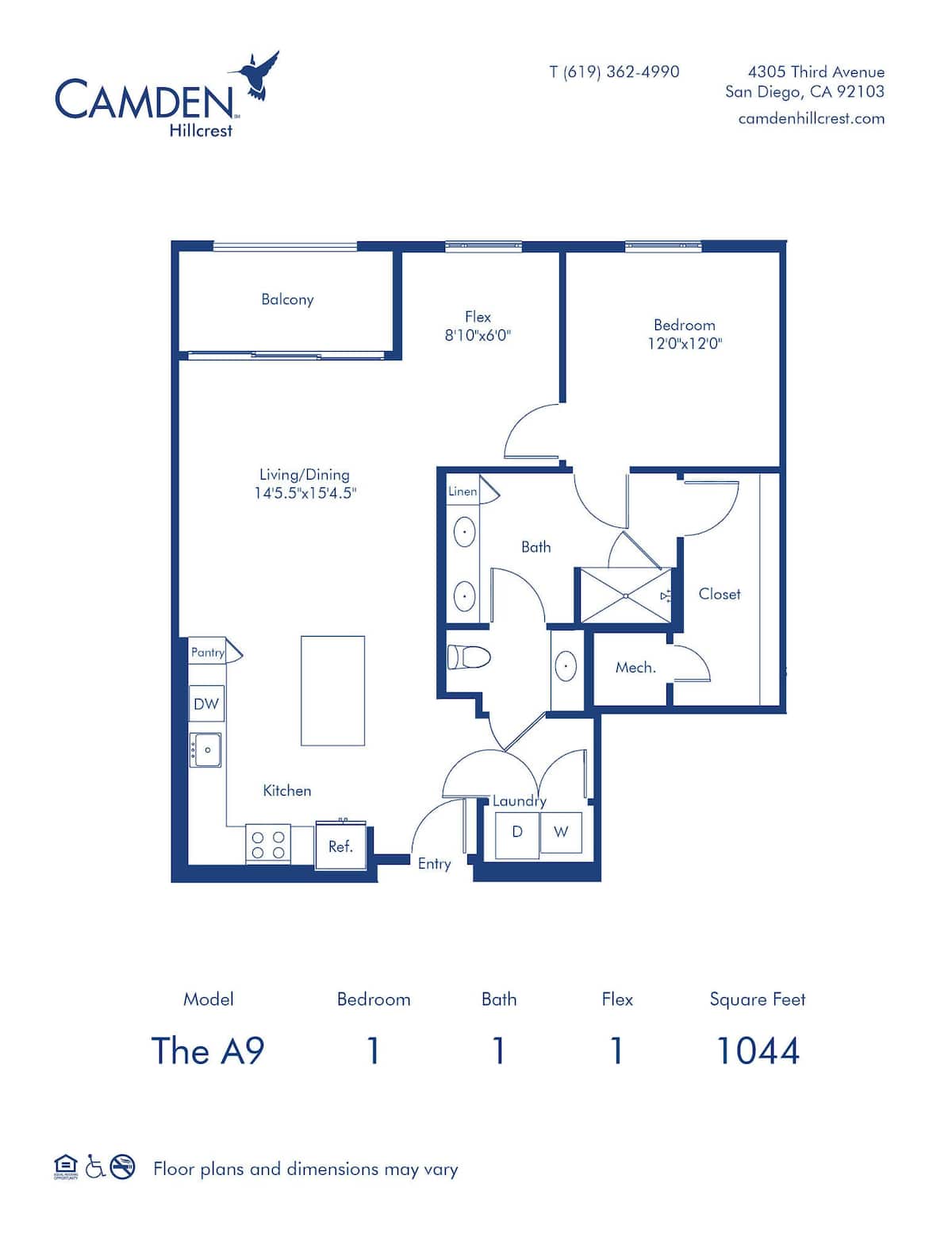 Floorplan diagram for The A9, showing 1 bedroom