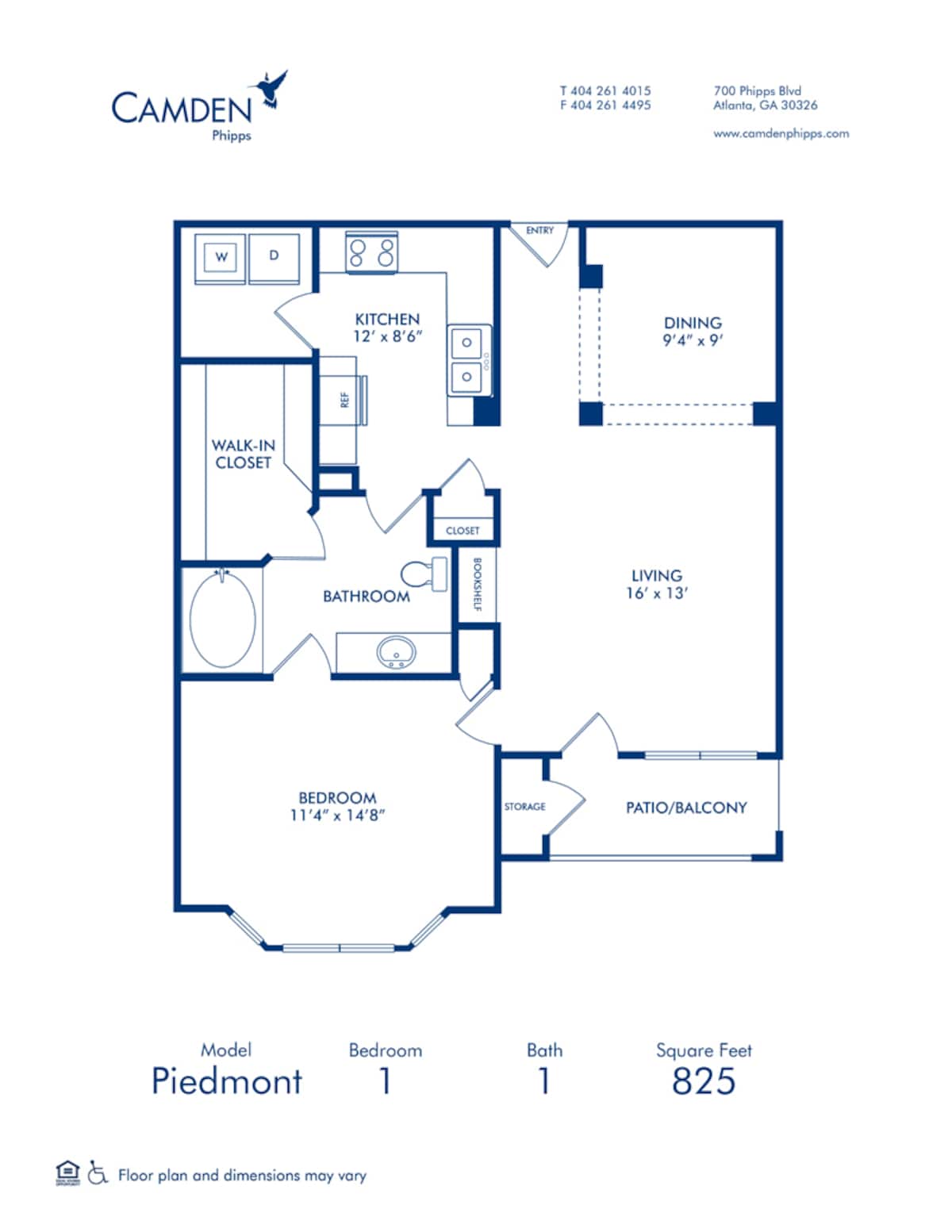 Floorplan diagram for Piedmont, showing 1 bedroom