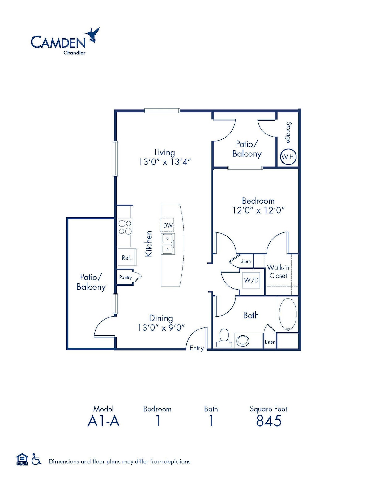 Floorplan diagram for A1.A, showing 1 bedroom